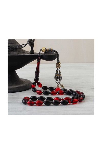Tesbihsepetim Silver Tasseled Rodaj Coated Clamping Amber Prayer Beads