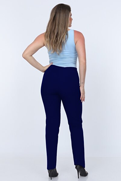 Gül Moda Belted Large Size Lycra Trousers Navy Blue