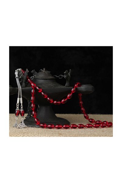 Tesbihsepetim Red Crimped Silver Tuğra Tasseled Amber Prayer Beads