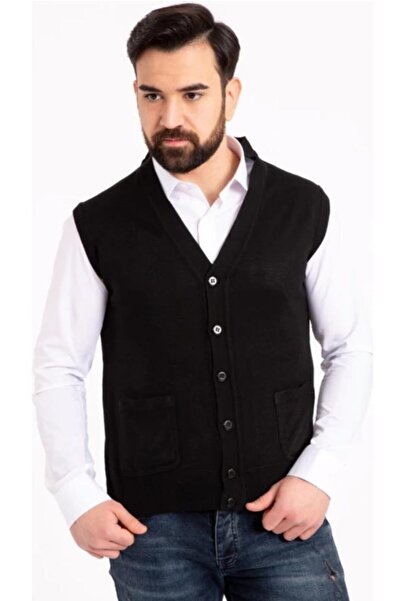 Nacar Erkek Siyah Ince Yün Tüylenmez Düğmeli Yelek