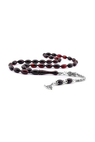 Tesbihsepetim Black Red Silver Tasseled Rosary - Squeezed Amber
