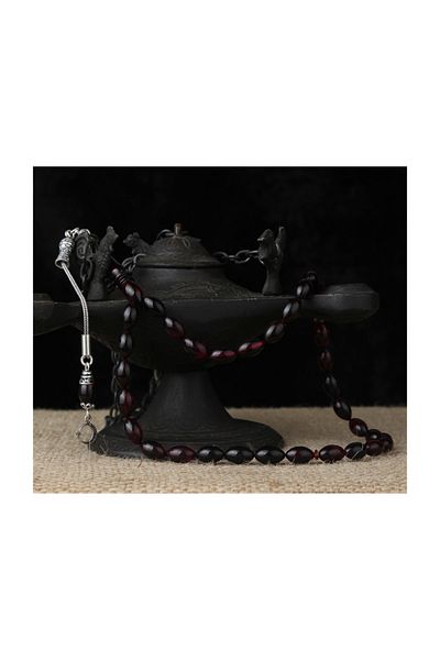 Tesbihsepetim Red and Black Rosary with Crescent and Silver Tassels