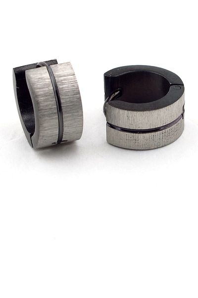 Solfera Wide Hoop Design - Gray and Black Striped Men's Steel Earrings E598