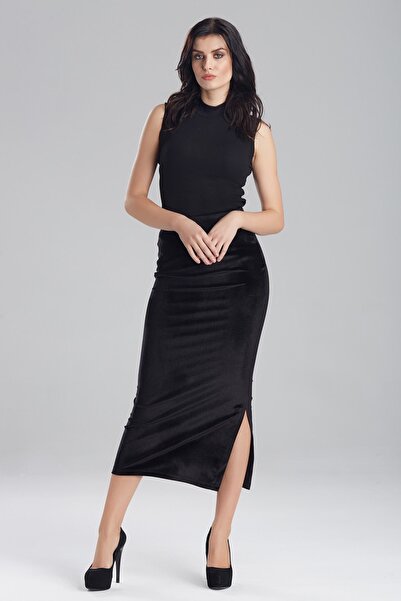 Laranor Γυναικεία μαύρη βελούδινη φούστα με λεπτομέρεια σχισμής, κομψότητα ημέρας και νύχτας 17L6075