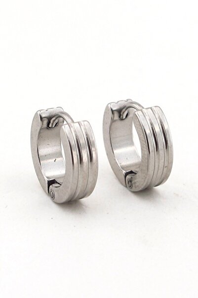 Solfera Çift Çizgili Gümüş Renk Halka Erkek Çelik Küpe E648