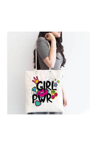 Realhomes Lip Printed Girl Power Digital Printed υφασμάτινη τσάντα με φερμουάρ Canta-2085
