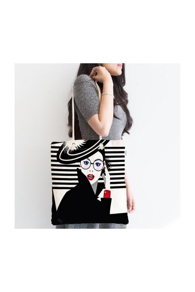 Realhomes Siyah Beyaz Fashion Woman Tasarımlı Fermuarlı Modern Kumaş Çanta Ca...