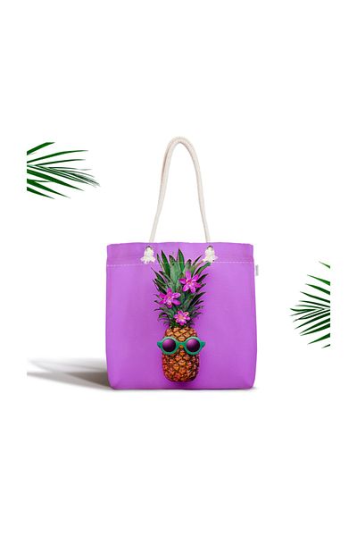 Realhomes Geantă modernă din material cu fermoar cu model de ananas pe fundal violet Canta-3206