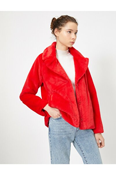 Koton Women's Red Button Detailed Plush Coat 0KAL58247OW