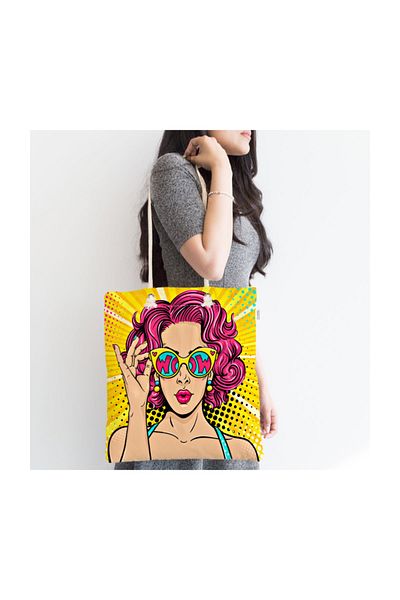 Realhomes Μοντέρνα υφασμάτινη τσάντα με φερμουάρ Pop Art Girl με κίτρινο φόντο Canta-3285