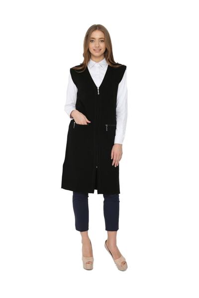 Uludağ Triko Siyah Fermuarlı Uzun Çelik Yelek