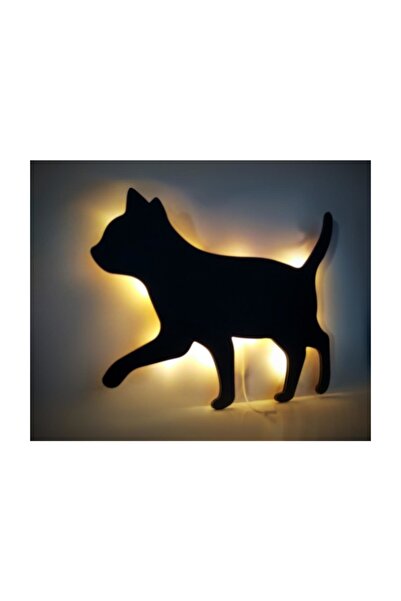 CajuArt Dekoratif Büyük Boy Led Işıklı Yürüyen Kedi Ahşap Tablo