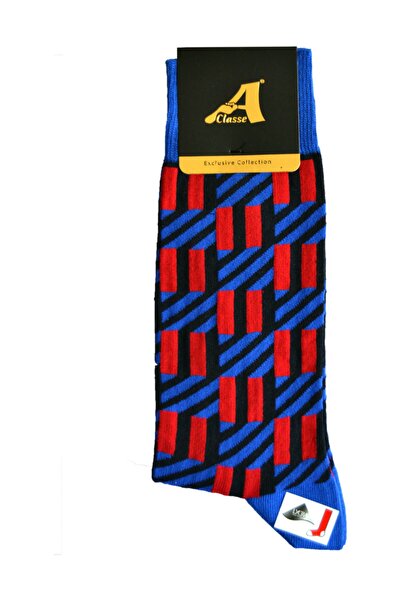 A CLASSE Cross Line Patterned Saks Blue-Red Socks