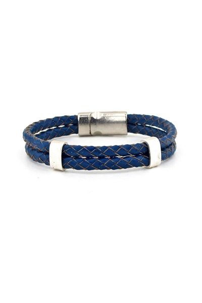 Solfera Navy Blue Colored Double Row Leather Men's Bracelet BT611