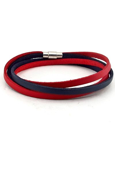 Solfera Red Navy Blue Double Row Original Leather Wrap Men's Bracelet BT633