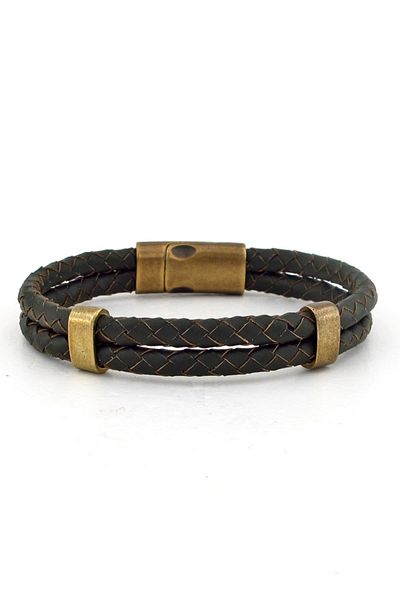 Solfera Khaki Green Colored Double Row Magnet Leather Men's Bracelet BT612