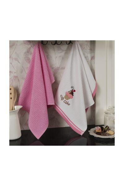 MAXSTYLE Cotton Kitchen Towel 2 Pack White-Pink 40X60