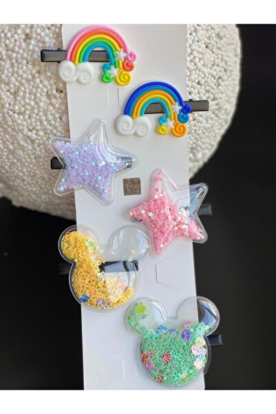 QUEEN AKSESUAR Set de 6 catarame pentru guler metalic transparent, inimă mare curcubeu, Mickey