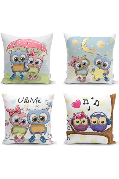 Realhomes Sevimli Baykuslar 4'lü Yastık Kırlent Kılıf Seti