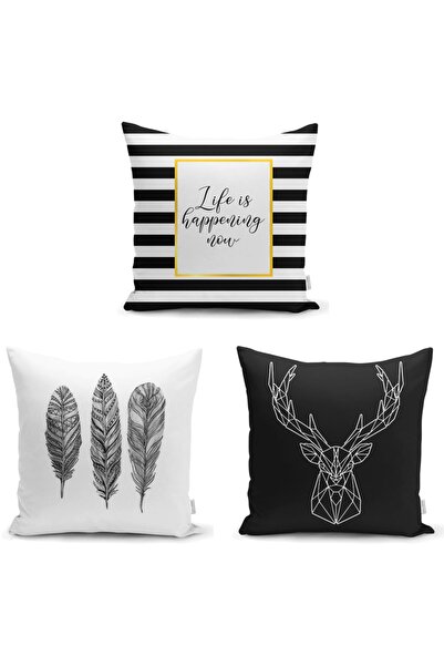 Realhomes Siyah Beyaz Dekoratif 3'lü Yastık Kırlent Kılıf Seti