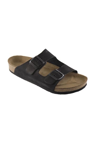 ART'iz Zeugma Genuine Leather Black Double Stripe Slippers
