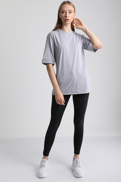 MD trend Women's Gray Crew Neck Sleeve Layered Cotton T-Shirt Mdt3058