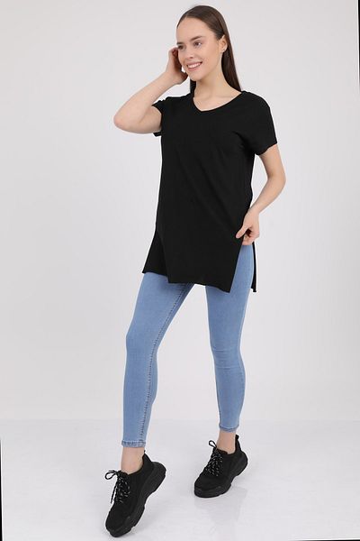 MD trend Tricou negru din bumbac, cu decolteu în V, cu mânecă scurtă, Mdt3025
