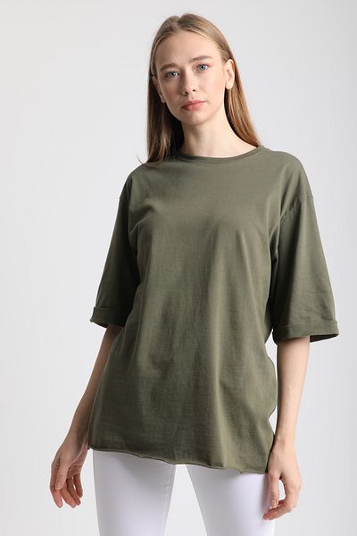 MD trend Women's Khaki Crew Neck Sleeve Layered Cotton T-Shirt Mdt3058
