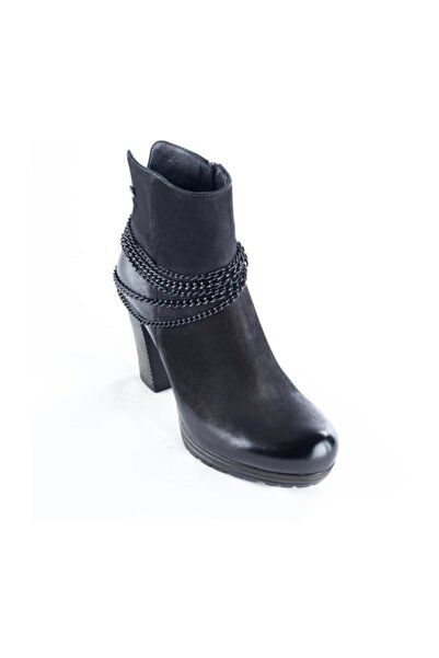 Venüs 35113k Kadın Siyah Deri Günlük Topuklu Zincir Detaylı Bot