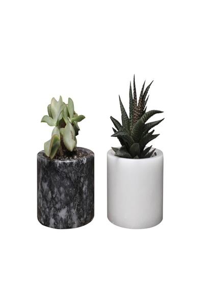melik's Roza Mermer Saksı Kaktüs Sukulent Saksısı Siyah Beyaz 2li