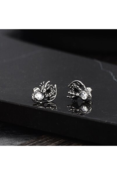 Viking Ejderha Tasarım Gotik Dragon Zirkon Taşlı Çivi Model 316L Çelik Erkek Küpe