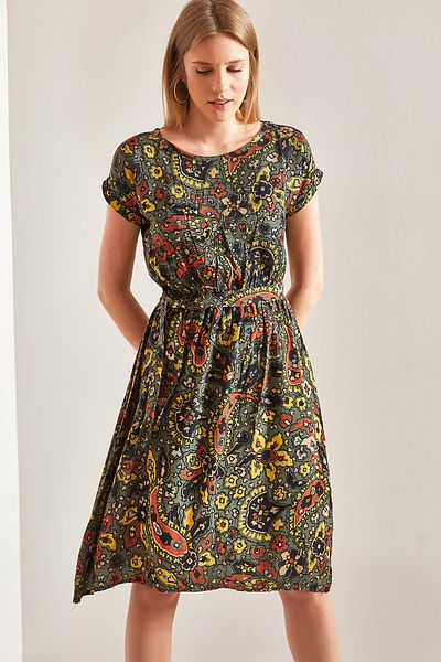 Bianco Lucci Women's Short Sleeve Ethnic Pattern Midi Dress with Elastic Waist