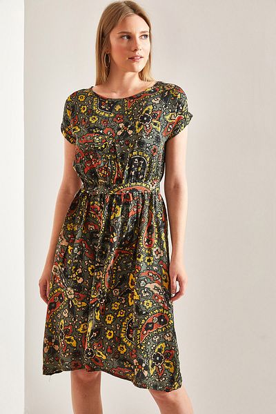 Bianco Lucci Women's Short Sleeve Ethnic Pattern Midi Dress with Elastic Waist