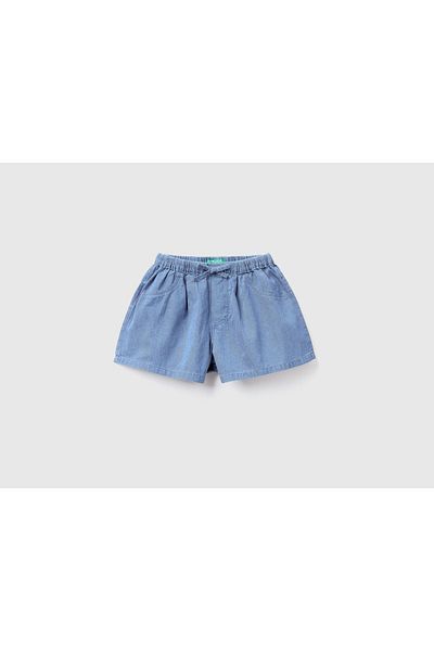 United Colors of Benetton Girl - Face Printed Logo Denim Shorts with Tags and Elastic Waistband