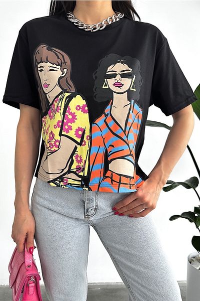 FEMELLE Tricou de damă negru din bumbac imprimat New Season