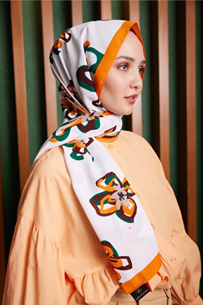 Julia Lauren شال حريري مديني نسائي برتقالي زهرة ثلاثية الأبعاد