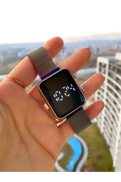 ÇENÇEN Çelik Raınbow Renk Dijital Ekran Tuşlu Mıknatıslı Kordon Kol Saati