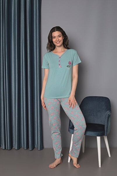 KAPİTEX Короткий рукав з вишивкою, три ґудзики, комір-паличка, бірюзовий колі...