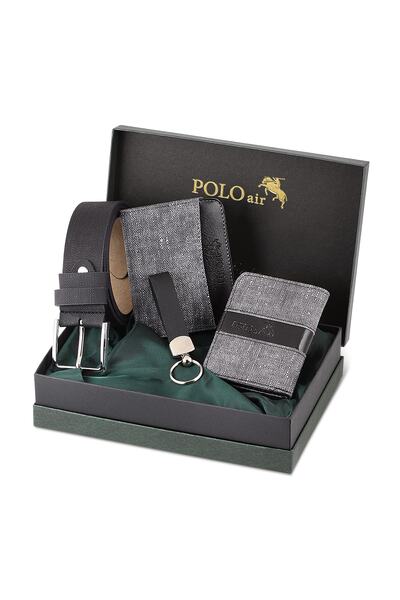 Poloair Kemer Cüzdan Kartlık Anahtarlık Hediyelik Kutusunda Gri Set