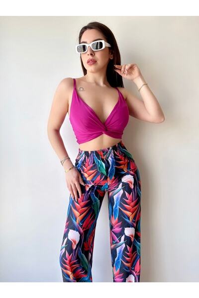 pelinzen Women's Micro Fabric Cross Drawstring Crop High Waist Wide Leg Trousers Set