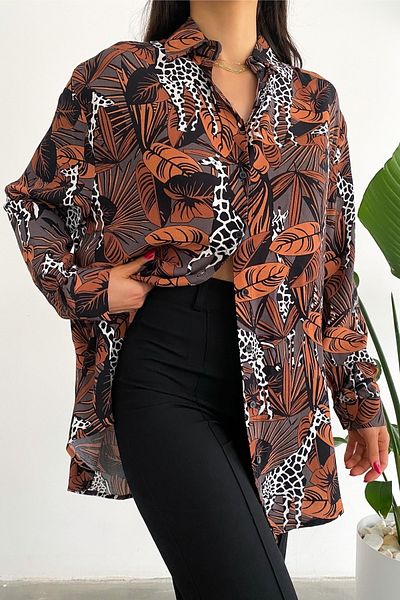 FEMELLE Cămașă oversize pentru femei, sezon nou, cu model de frunze și girafe