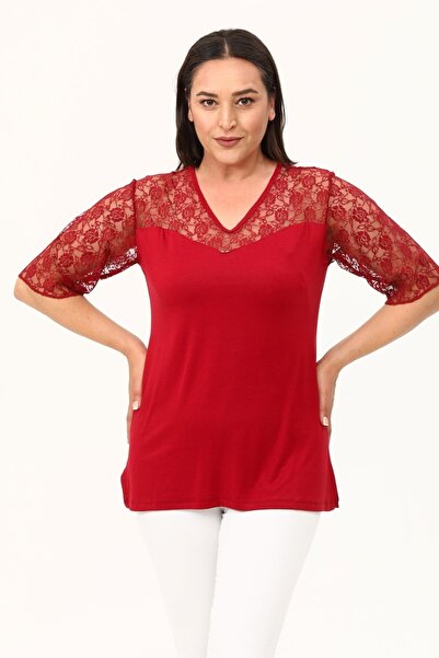 MJORA Burgundy Sweetheart Neck Plus Size Lace Blouse