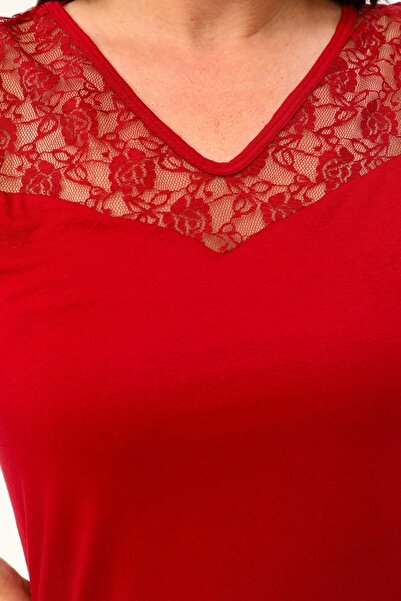 MJORA Burgundy Sweetheart Neck Plus Size Lace Blouse