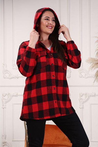 BİrHoşButik Large Size Cotton Lycra Hooded Sleeves with Elastic Buttons and Pockets Loose Cut Long Plaid Lumberjack Shirt