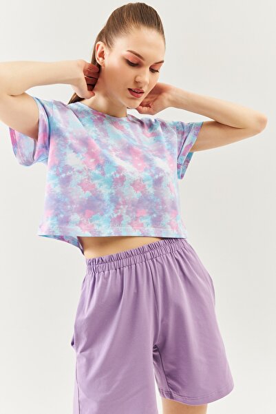 Butikgiz Μπλουζάκι Batik Aqua Oversize Άνετο 100% βαμβάκι με χτενισμένη λαιμόκοψη με κοντό μανίκι Basic Crop