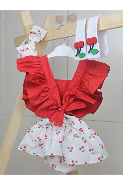 BabyPuff Girl's Red Cherry Patterned Salopet Bandana Cherry Socks Set