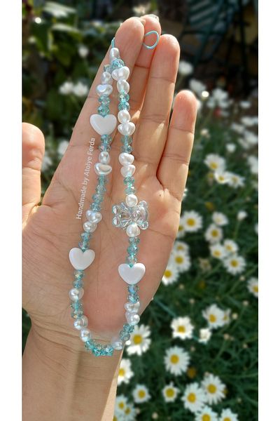 Atolye Ferda Transparent Bear and Heart Figured Phone Charm with Pearls Phone String