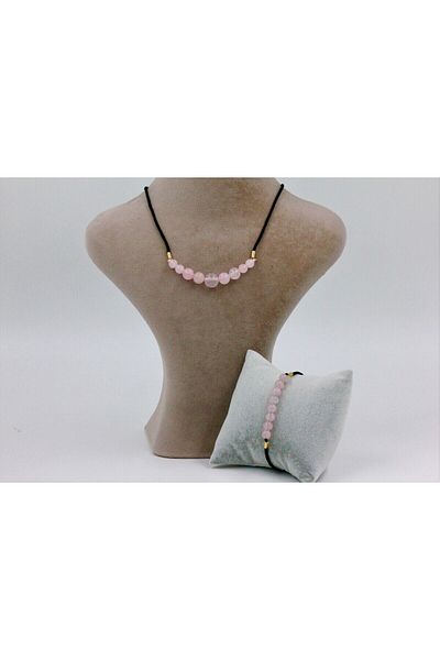 MYTAKIAĞACIMFH Pink Quartz Stone String Natural Stone Necklace and Bracelet Set (ADJUSTABLE)