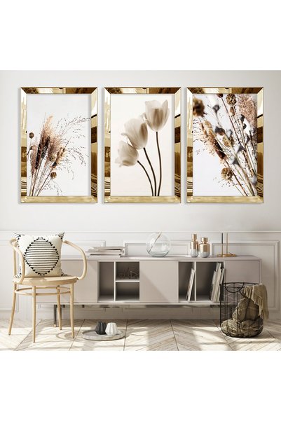 Zevahir Mobilya Dekorasyon White Flower Triple Mdf Table Set with Gold Mirrored Plexi Frame