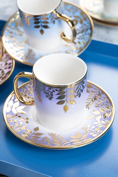 ACAR Adelina Flower Pattern Gold Gilt Colored 90 ml Coffee Cup Set for 6 Persons 0227